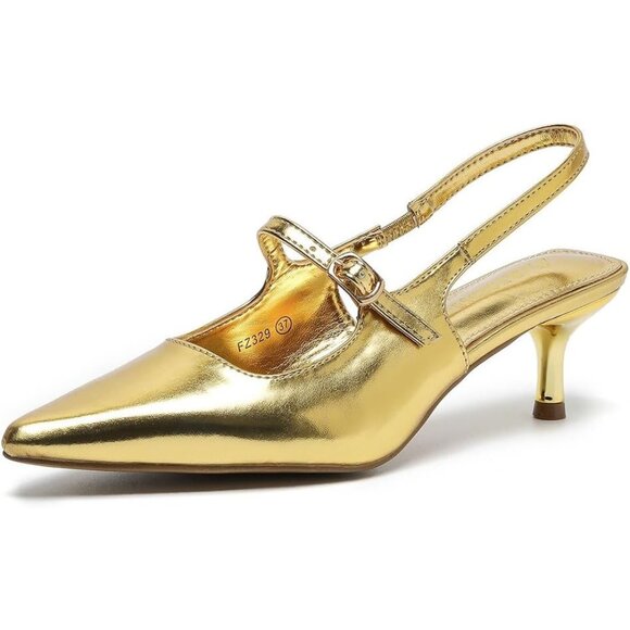 Amoji Women's Gold Closed Pointed Toe Kitten Slingback Low Heel Pumps For Party - Picture 1 of 8